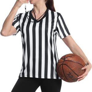 Women’s Black & White Striped Referee V-Neck Top Size Medium